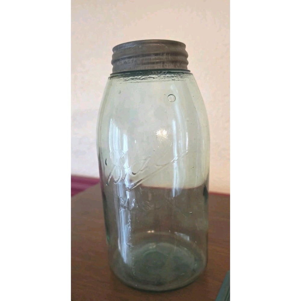 Antique BALL Mason 9 1/2" Jar Triple L Aqua-Blue  Zinc Lid 1900-1910 Milk Glass